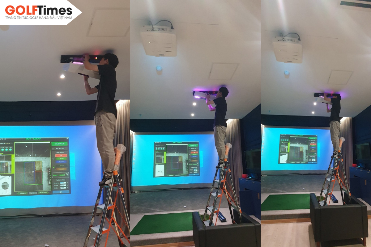 Kỹ sư tại Techgolf lắp đặt và kiểm tra cảm biến cho phòng golf 3D Okongolf tại Clubhouse H